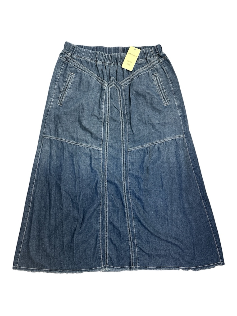 Ebossy Denim Maxi Skirt, Elastic Waist, Hippie/Grunge Jean, Ombré Fade Blue